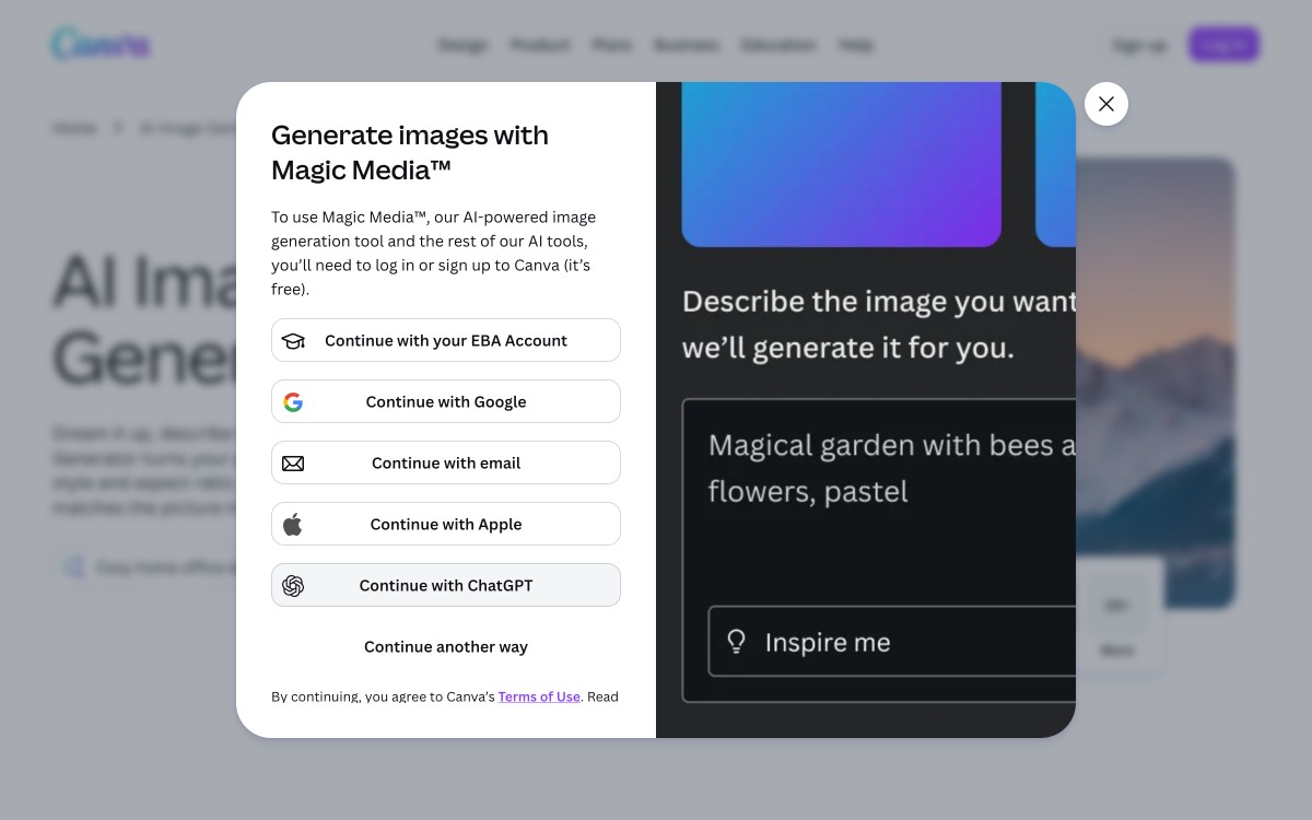 Модальное окно Generate images with Magic Media поверх страницы генератора картинок Canva с пятью кнопками входа