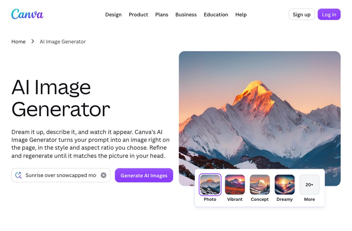 Страница AI Image Generator в Canva: промпт про снежную вершину и стили Photo, Vibrant, Concept, Dreamy