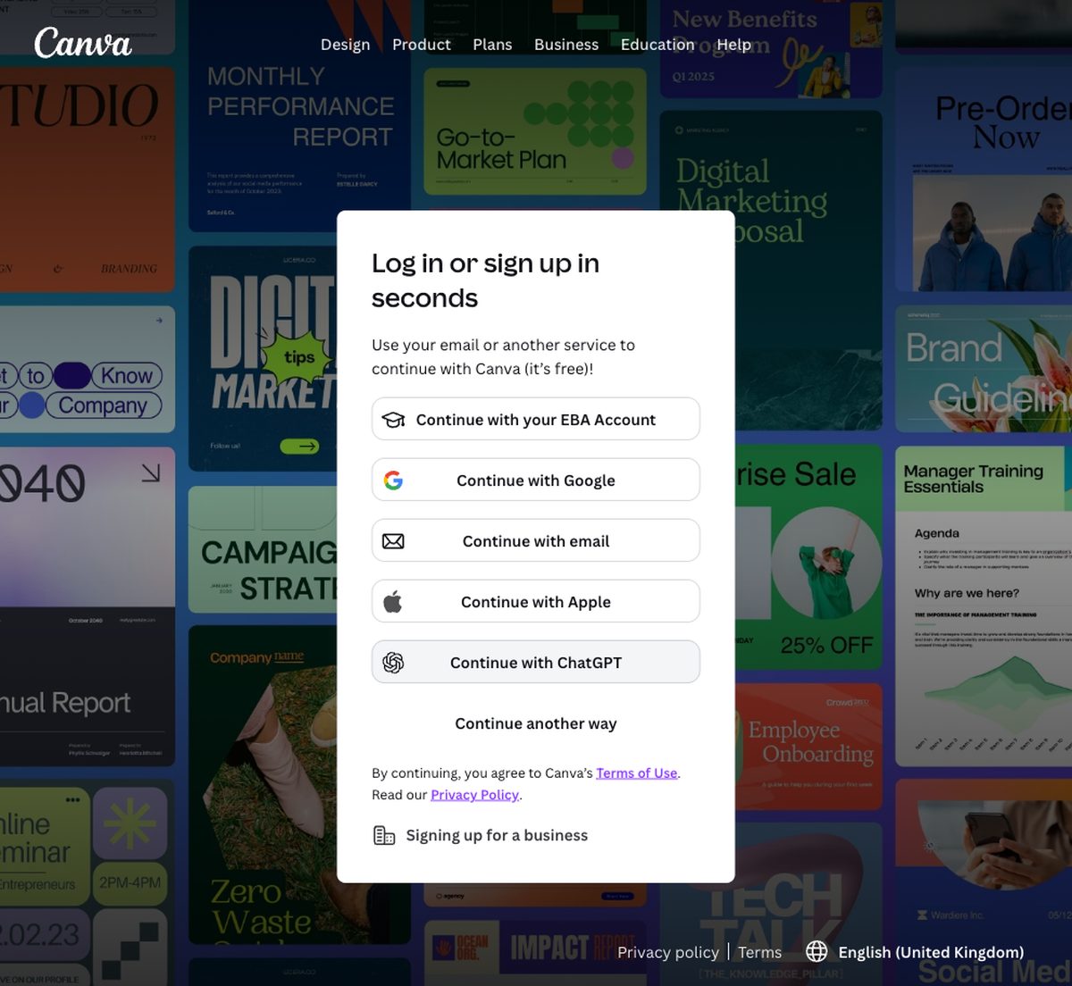 Окно входа Log in or sign up in seconds поверх шаблонов Canva, пять кнопок входа и ссылка Continue another way
