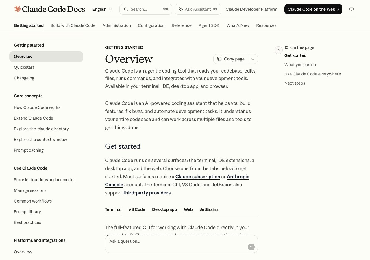 Официальная документация Claude Code, раздел с обзором инструмента и способов запуска