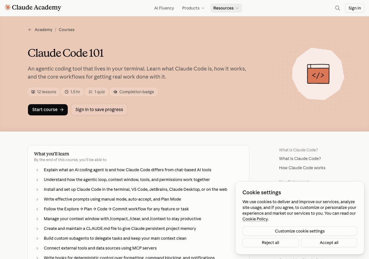 Страница курса «Claude Code 101» на Anthropic Academy с кнопкой начать курс без формы оплаты