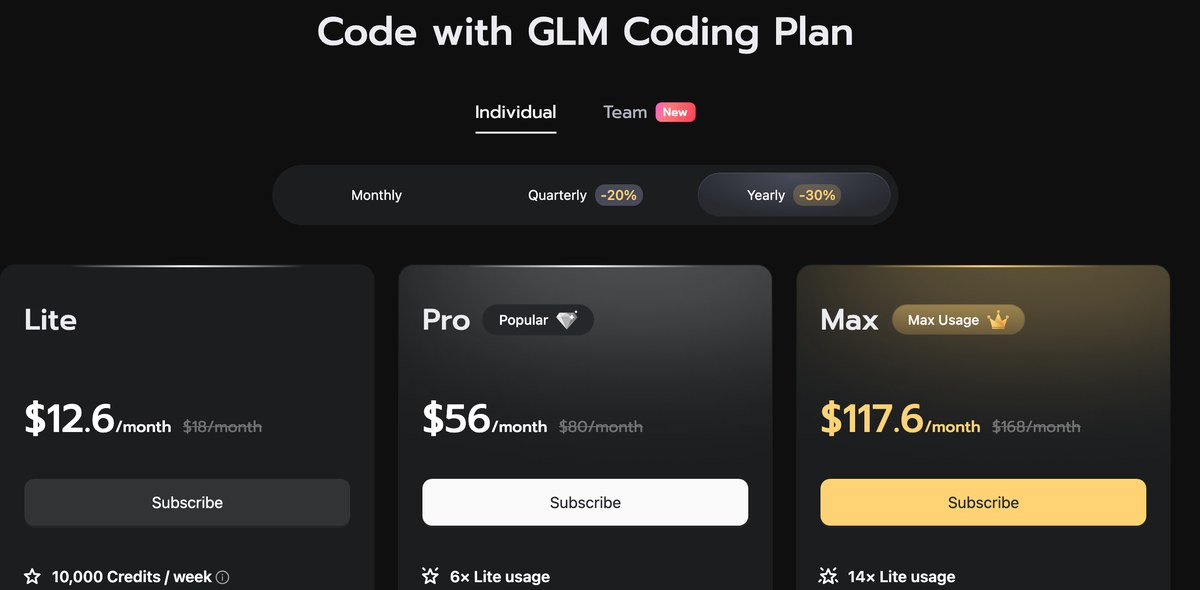 Тарифы GLM Coding Plan: включён переключатель Yearly со скидкой 30 процентов, Lite за 12,6 доллара вместо зачёркнутых 18