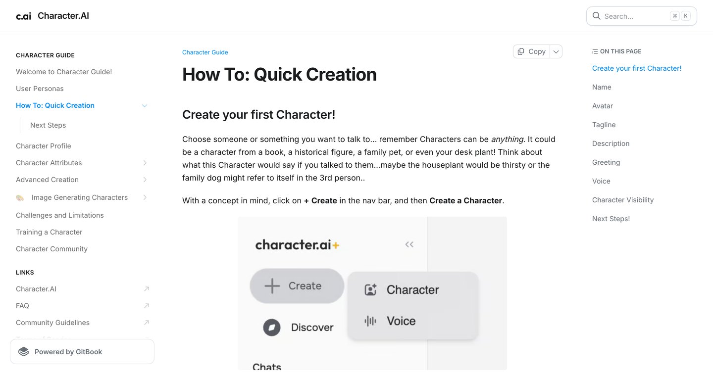 Руководство Character AI: путь клика плюс Create и пункт Character для сборки персонажа