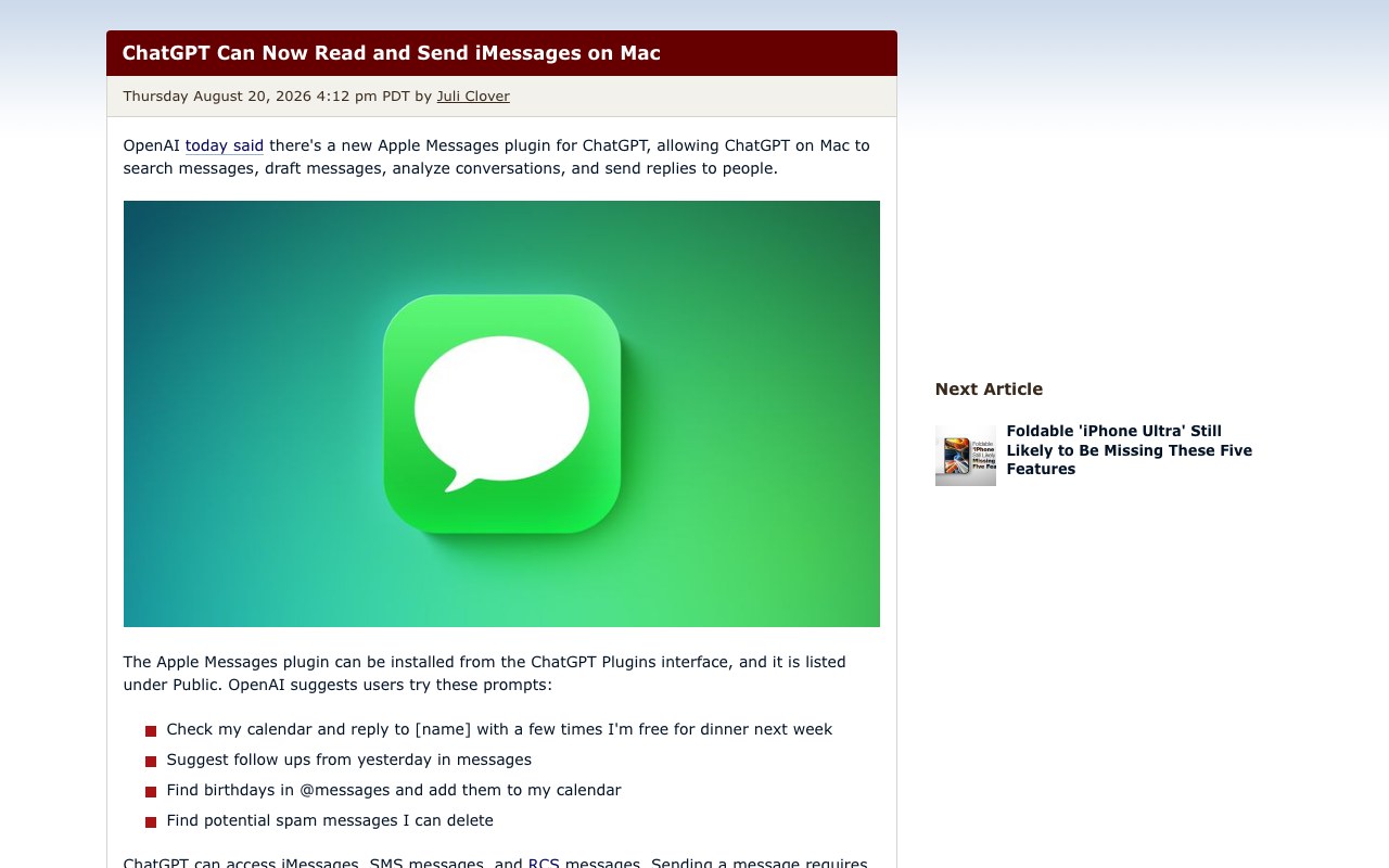 MacRumors, заголовок «ChatGPT Can Now Read and Send iMessages on Mac», дата 20 августа 2026 и примеры промптов OpenAI