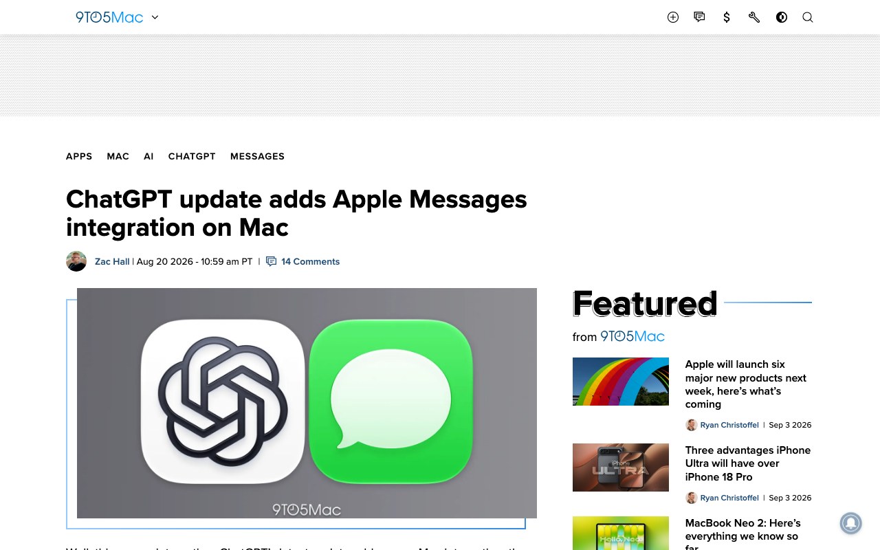9to5Mac, заголовок «ChatGPT update adds Apple Messages integration on Mac», обложка статьи с иконками ChatGPT и Сообщений