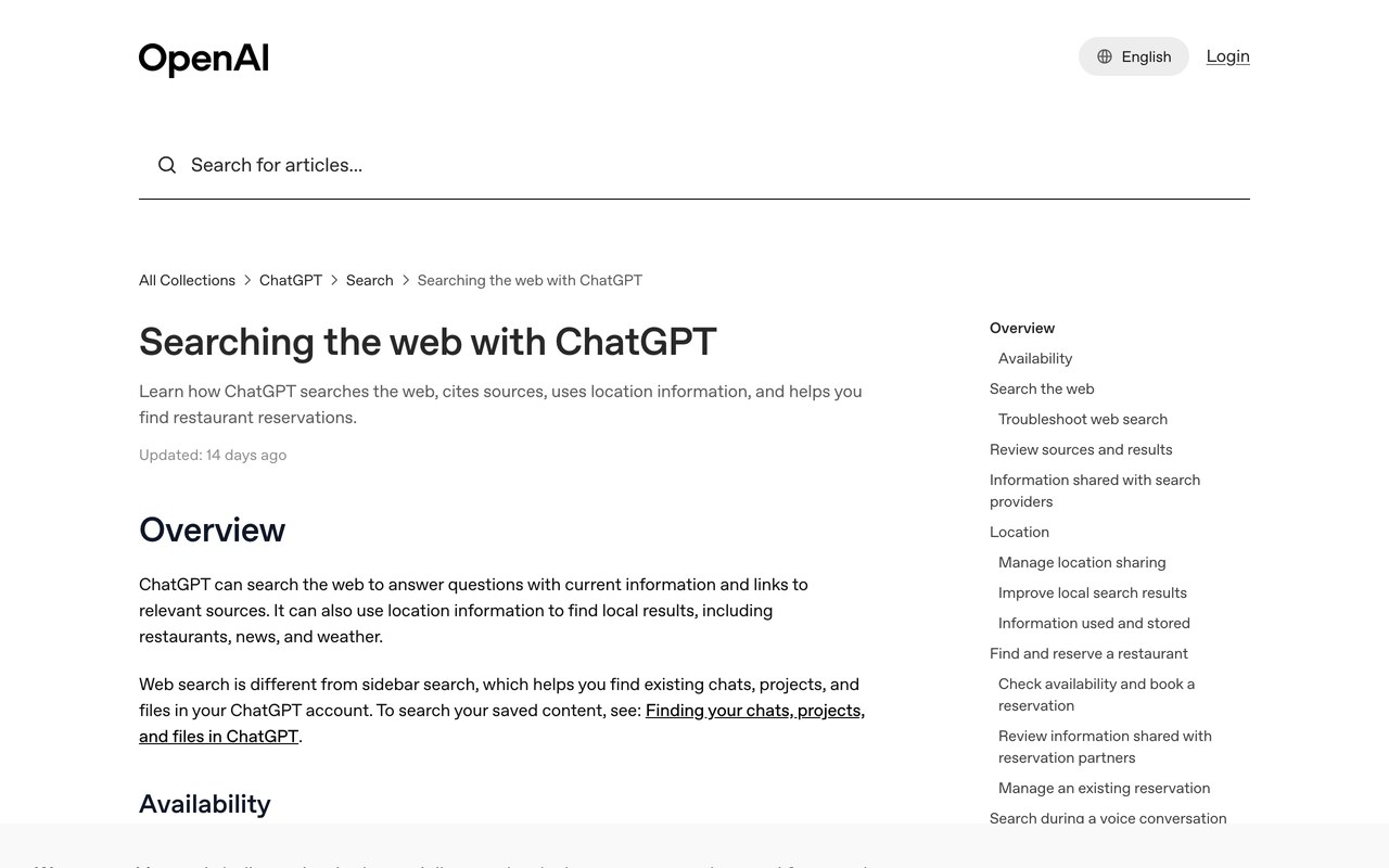 Официальная справочная страница OpenAI Searching the web with ChatGPT, открыта в браузере