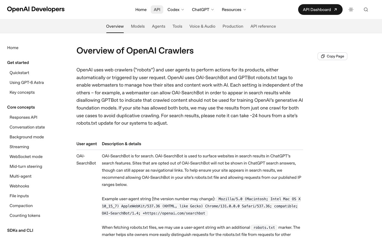 Официальная страница документации OpenAI про трёх ботов - GPTBot, OAI-SearchBot и ChatGPT-User