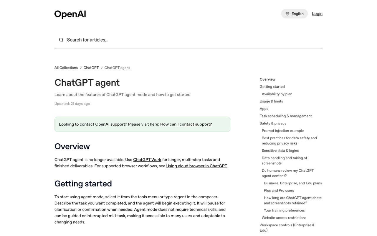 Официальная справка OpenAI ChatGPT agent, раздел про вход на сайты по логину и паролю
