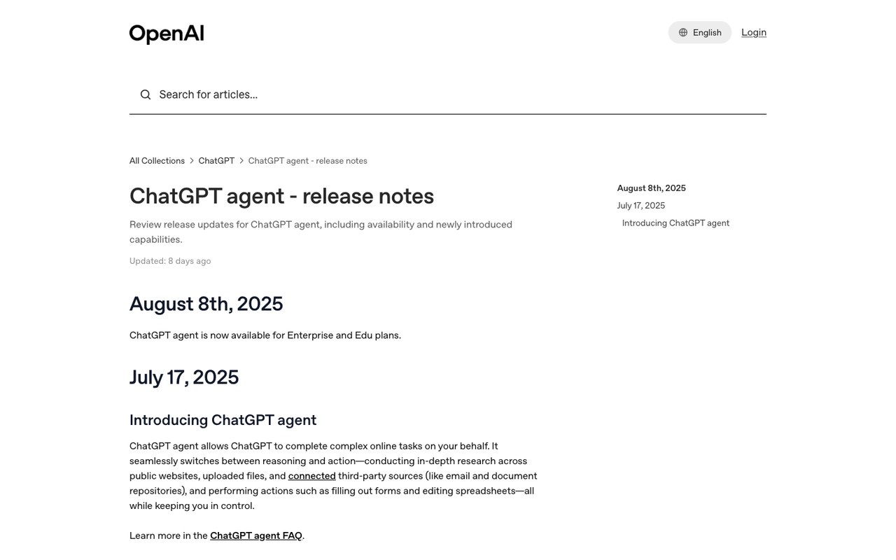 Официальные release notes OpenAI ChatGPT agent со списком поддерживаемых тарифов