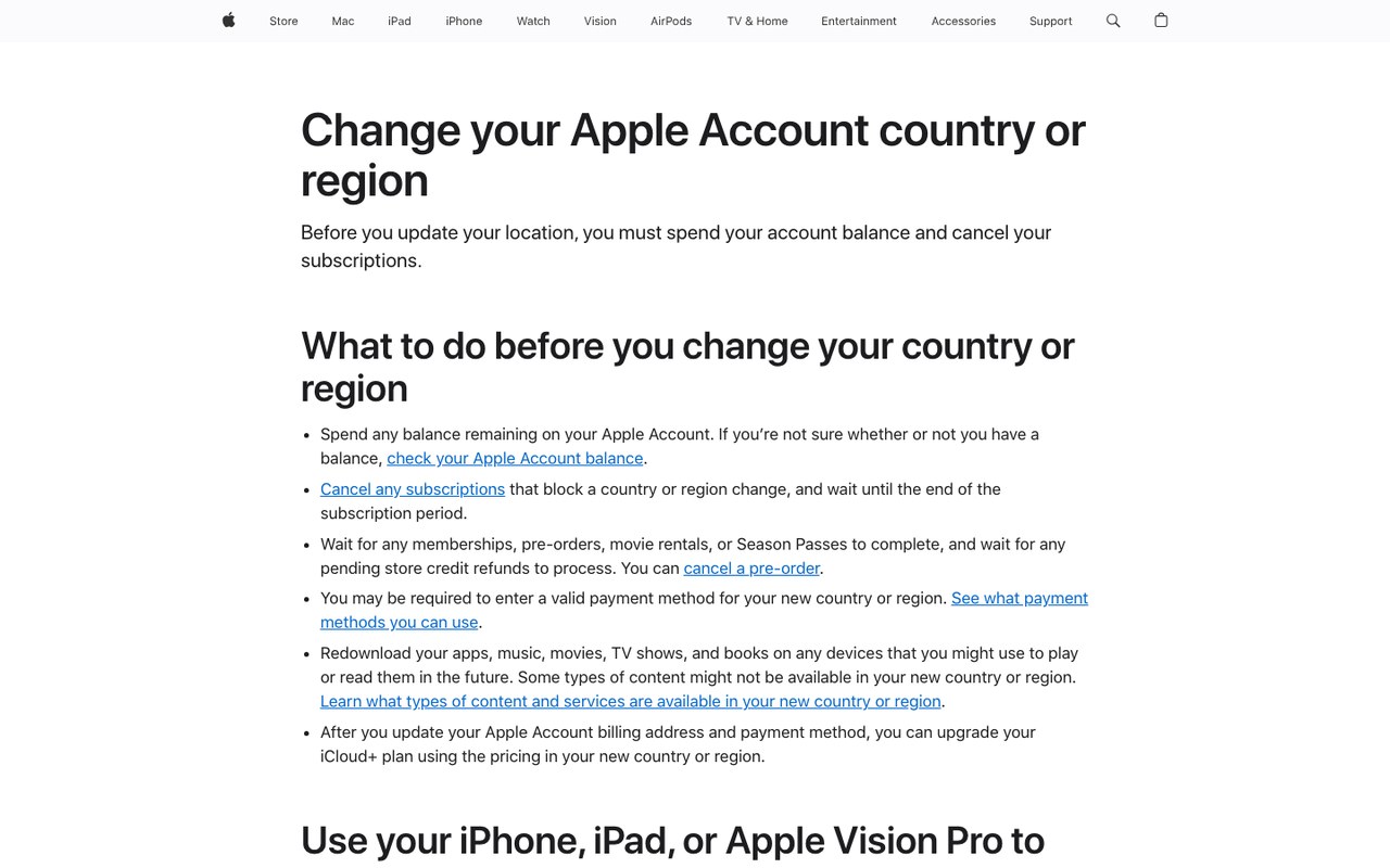 Официальная страница поддержки Apple с требованиями для смены страны или региона Apple Account