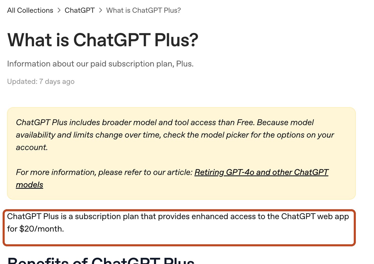 Справка OpenAI про ChatGPT Plus: обведена строка про подписку за 20 долларов в месяц