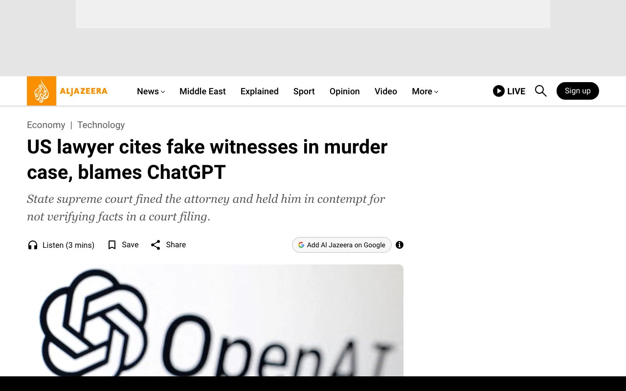 Заголовок статьи Al Jazeera: US lawyer cites fake witnesses in murder case, blames ChatGPT