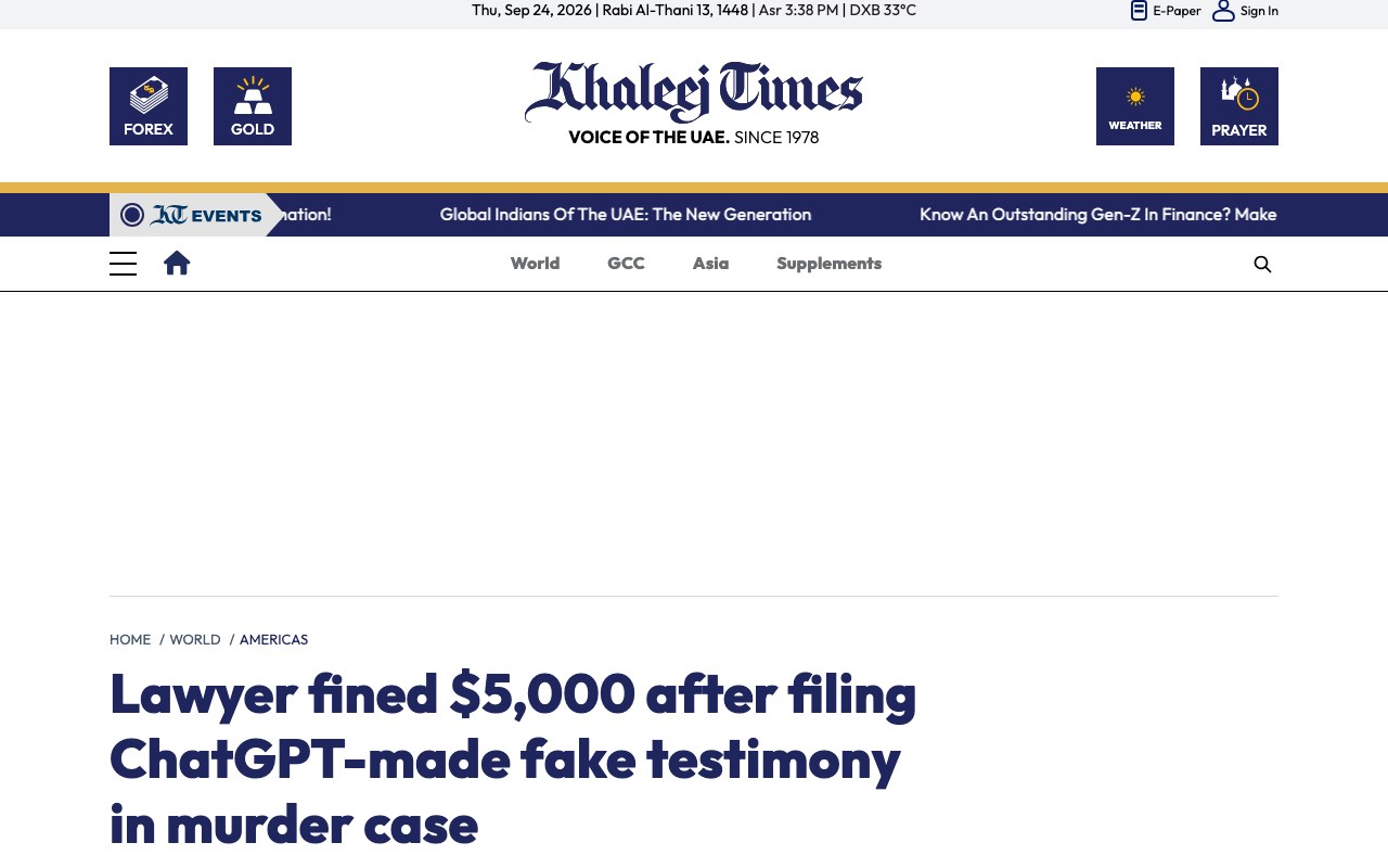 Заголовок Khaleej Times про штраф 5000 долларов за поддельные показания от ChatGPT