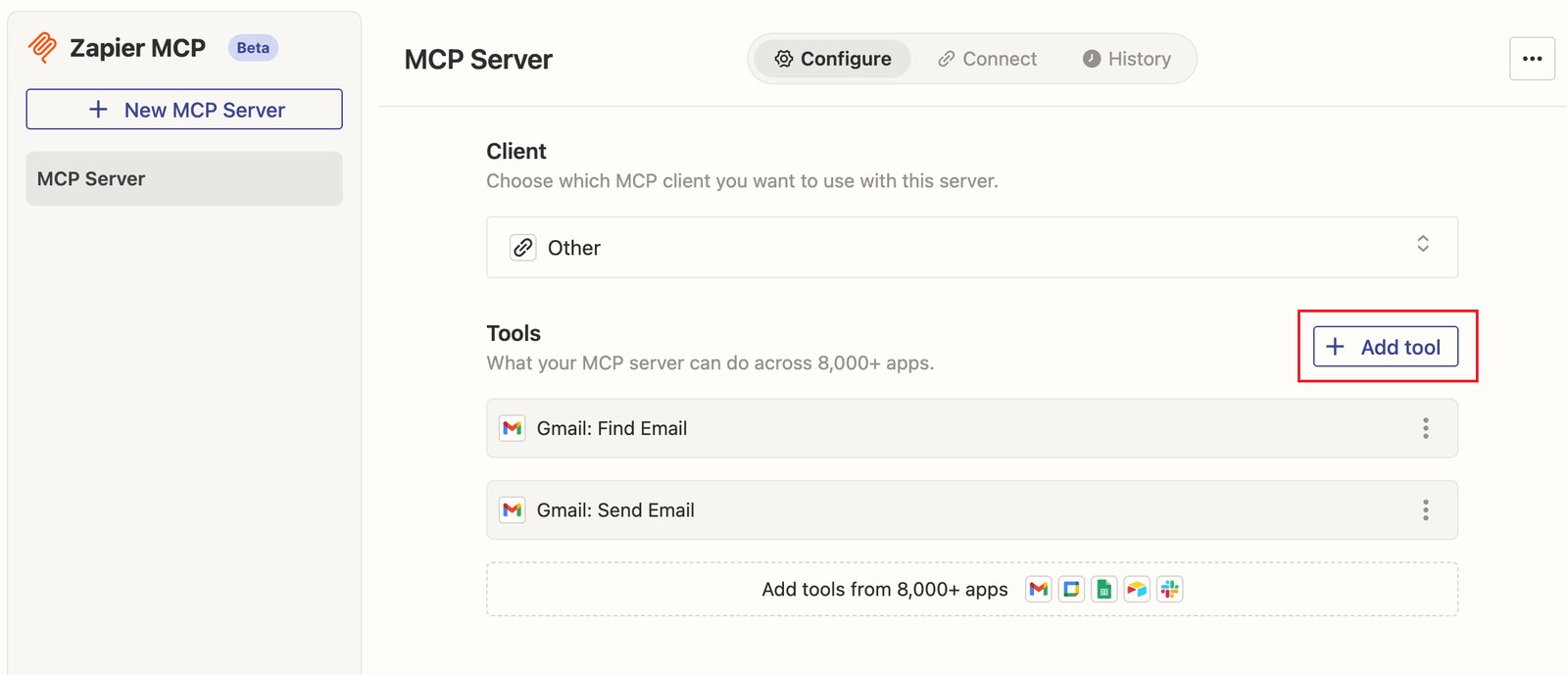 Панель переходника Zapier MCP: кнопка добавления инструмента и два действия Gmail