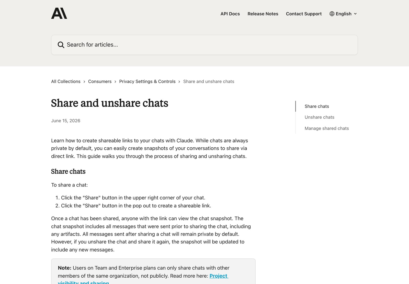 Официальная справка Anthropic, раздел Share and unshare chats: шаги создания ссылки и оговорка про тарифы Team и Enterprise
