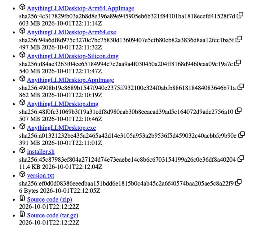 Список файлов релиза AnythingLLM на GitHub: версии dmg для M-чипа и Intel, exe для Windows