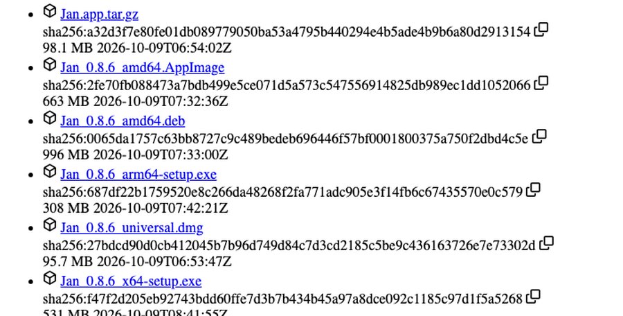 Список файлов релиза Jan на GitHub: файл dmg для Mac и setup.exe для Windows