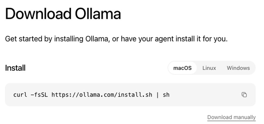Загрузка Ollama: выбор системы, команда установки и ссылка Download manually