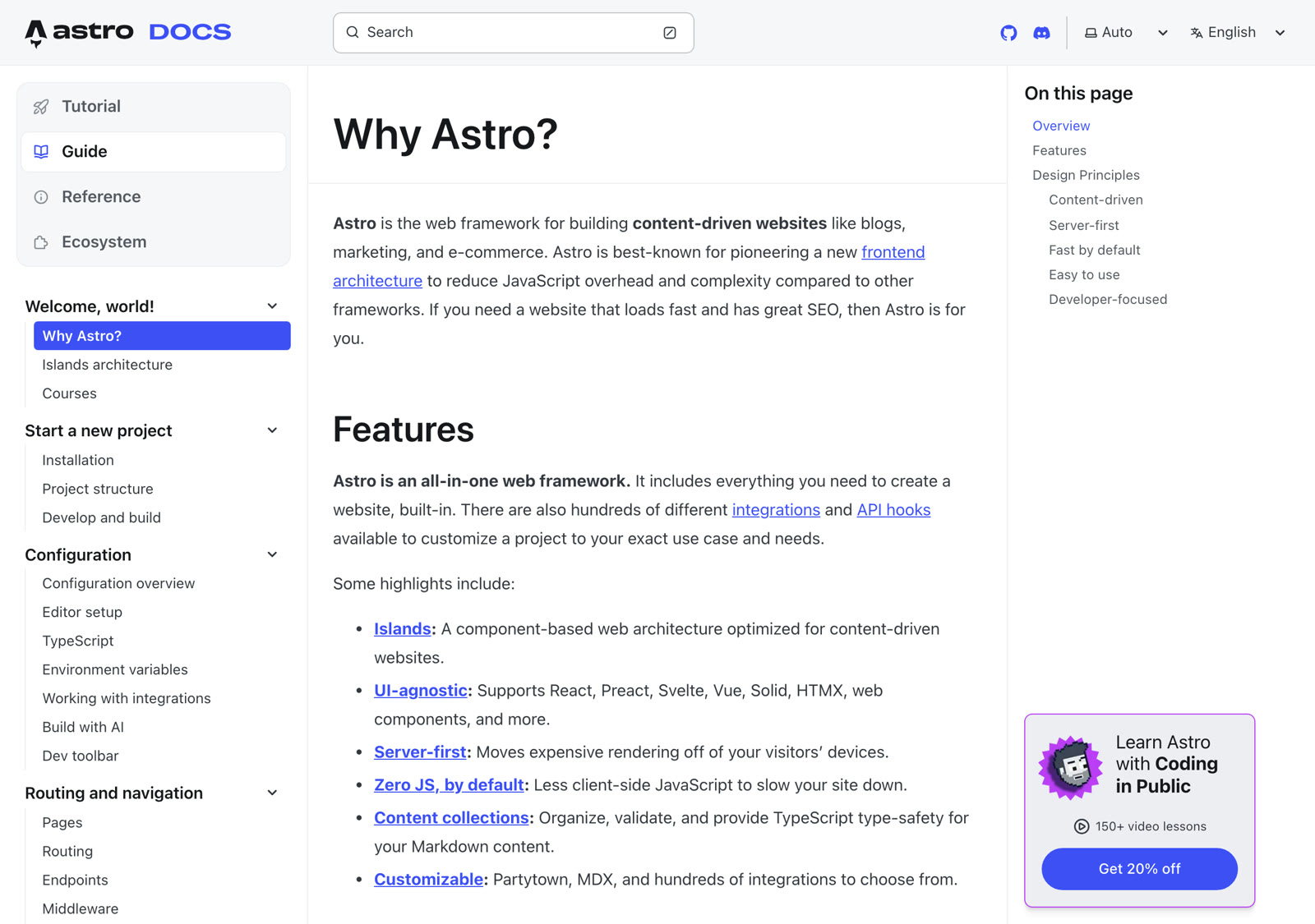 Раздел Why Astro в официальной документации с определением фреймворка и списком возможностей