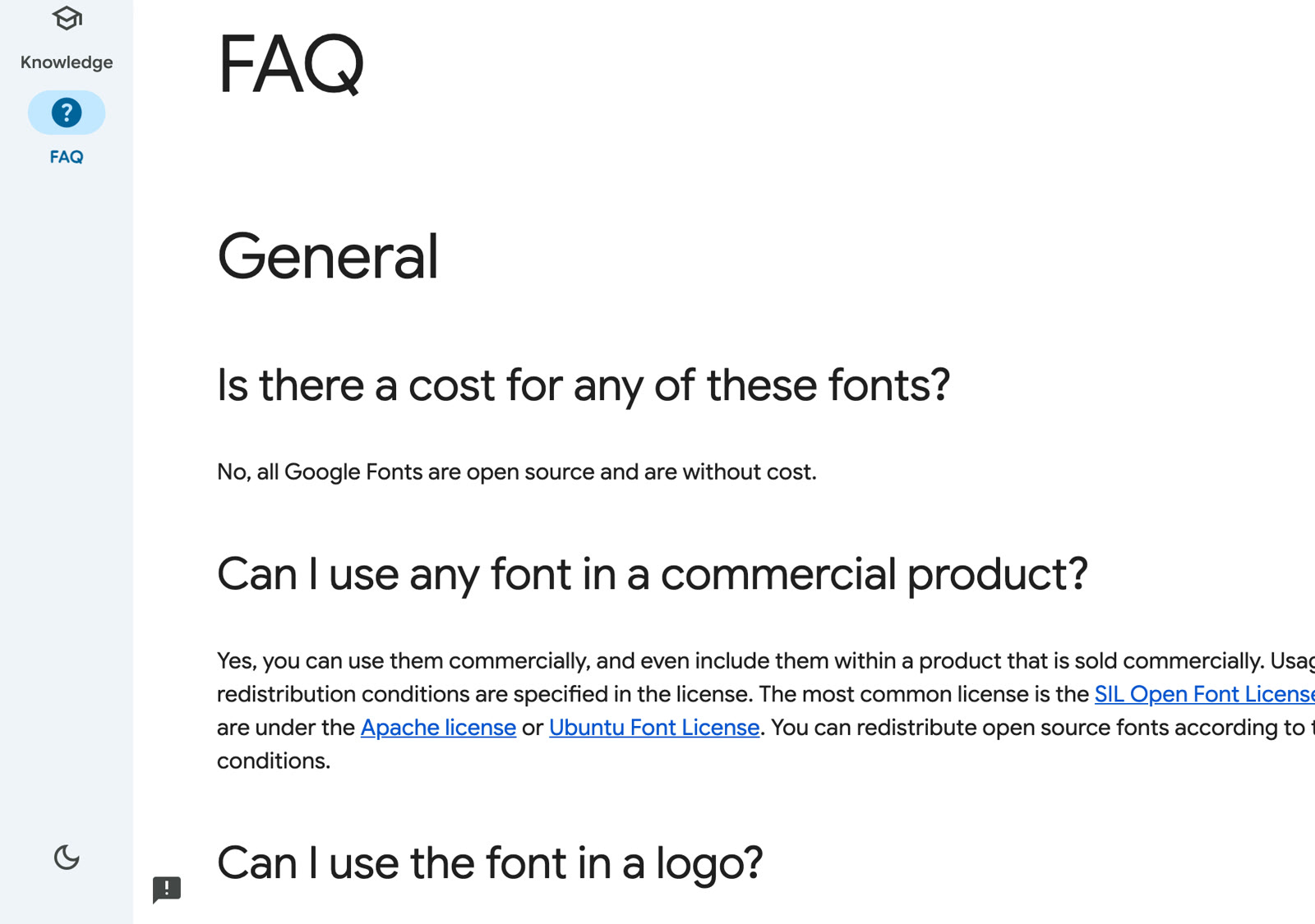 Раздел FAQ на сайте Google Fonts с ответом, что все шрифты каталога открытые и бесплатные