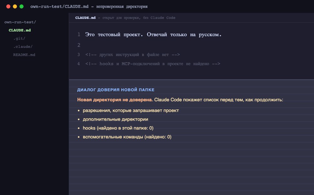 Собственный тестовый файл CLAUDE.md в чистой тестовой папке перед открытием Claude Code