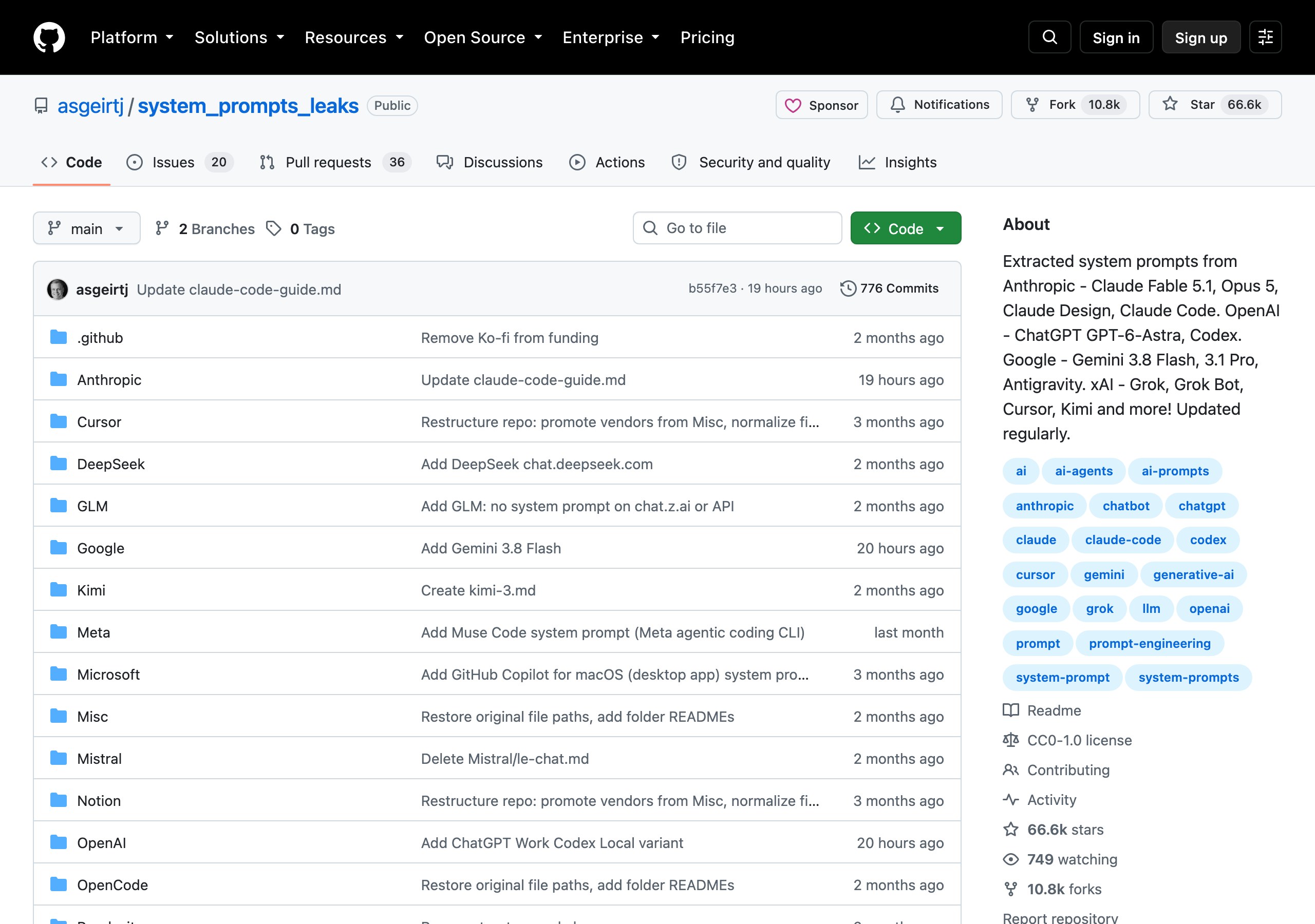 Главная страница сборника system_prompts_leaks на GitHub со списком папок по компаниям