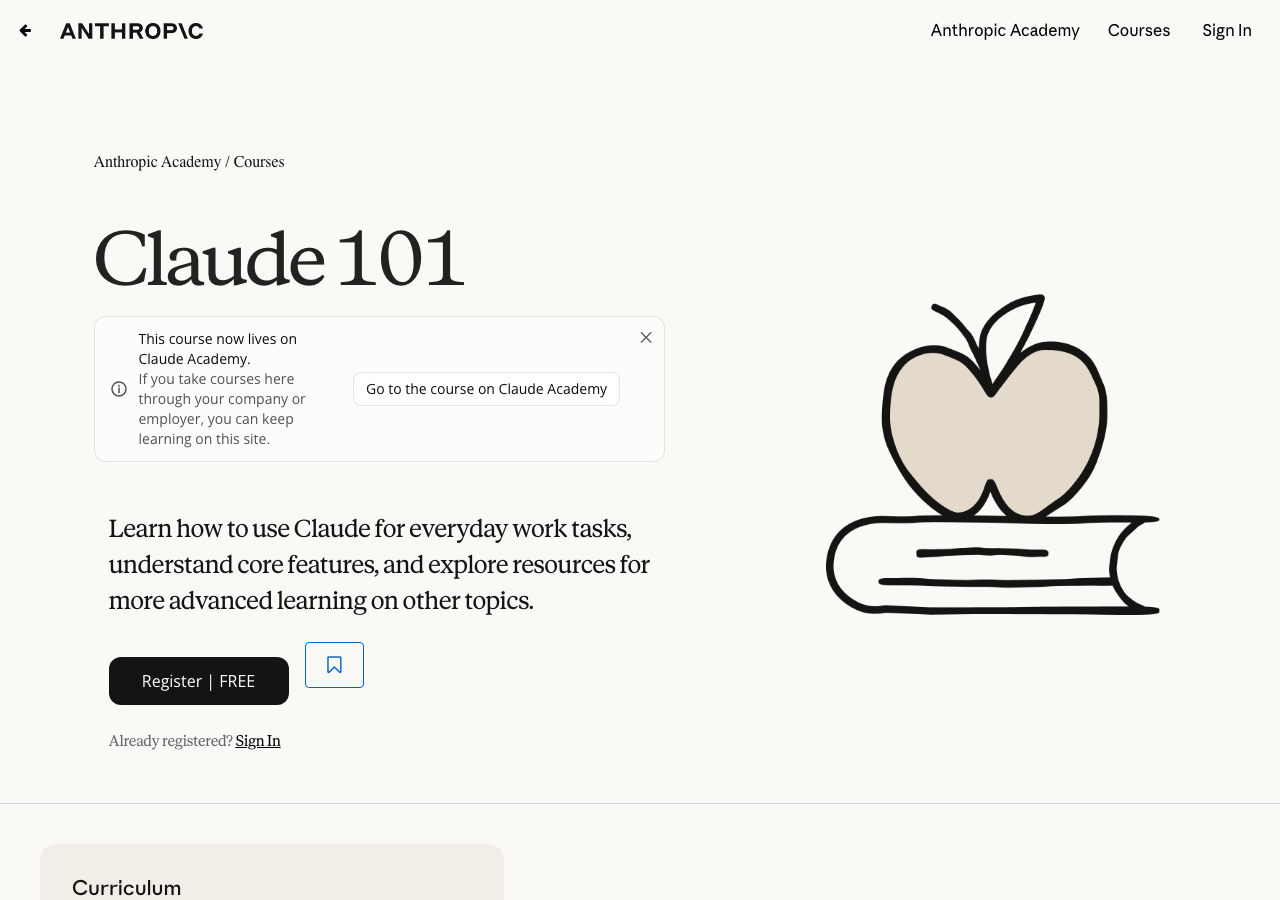 Старая страница курса на Skilljar с сообщением о переезде на Claude Academy и кнопкой перехода
