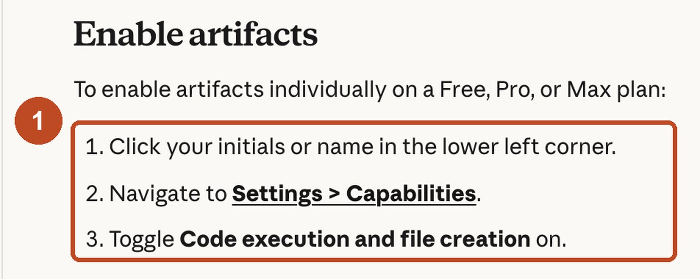 Раздел справки Claude «Enable artifacts»: три строки пути до переключателя Code execution and file creation