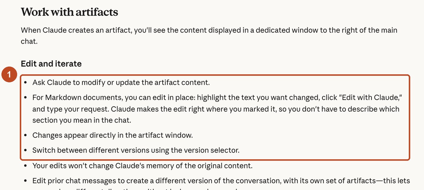 Раздел справки Claude «Work with artifacts»: окно артефакта справа от чата и правка выделенного куска