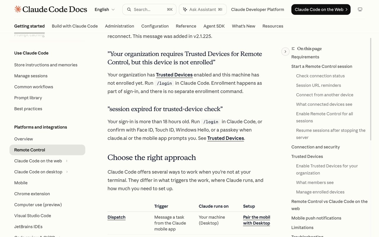 Документация Anthropic, таблица Choose the right approach: Remote Control среди других способов удалённой работы