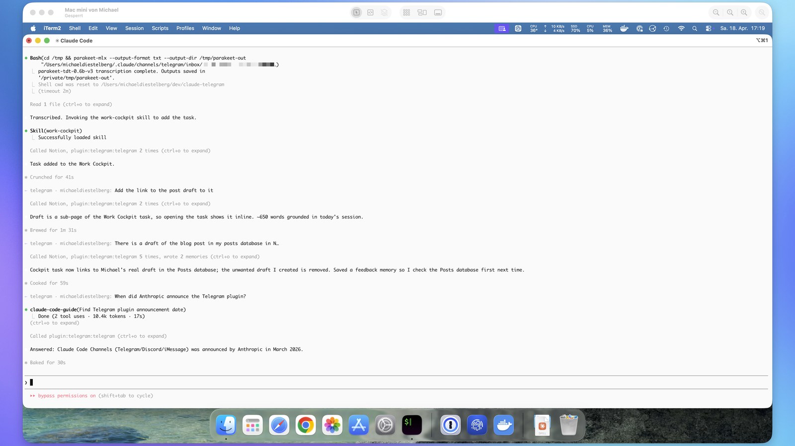 Окно Claude Code на Mac: сообщения из Telegram приходят строками telegram, ответы Claude уходят обратно в чат