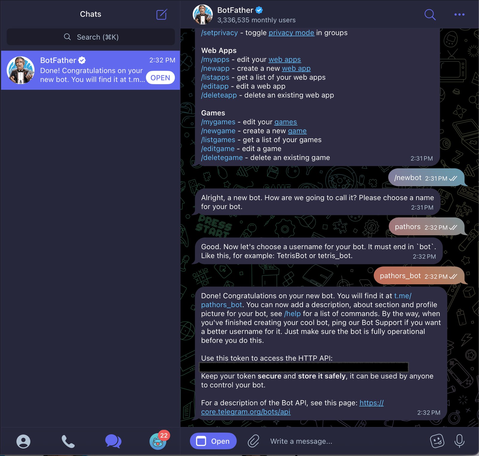 Переписка с BotFather в Telegram: команда /newbot, имя, адрес на bot и ответ с местом для токена