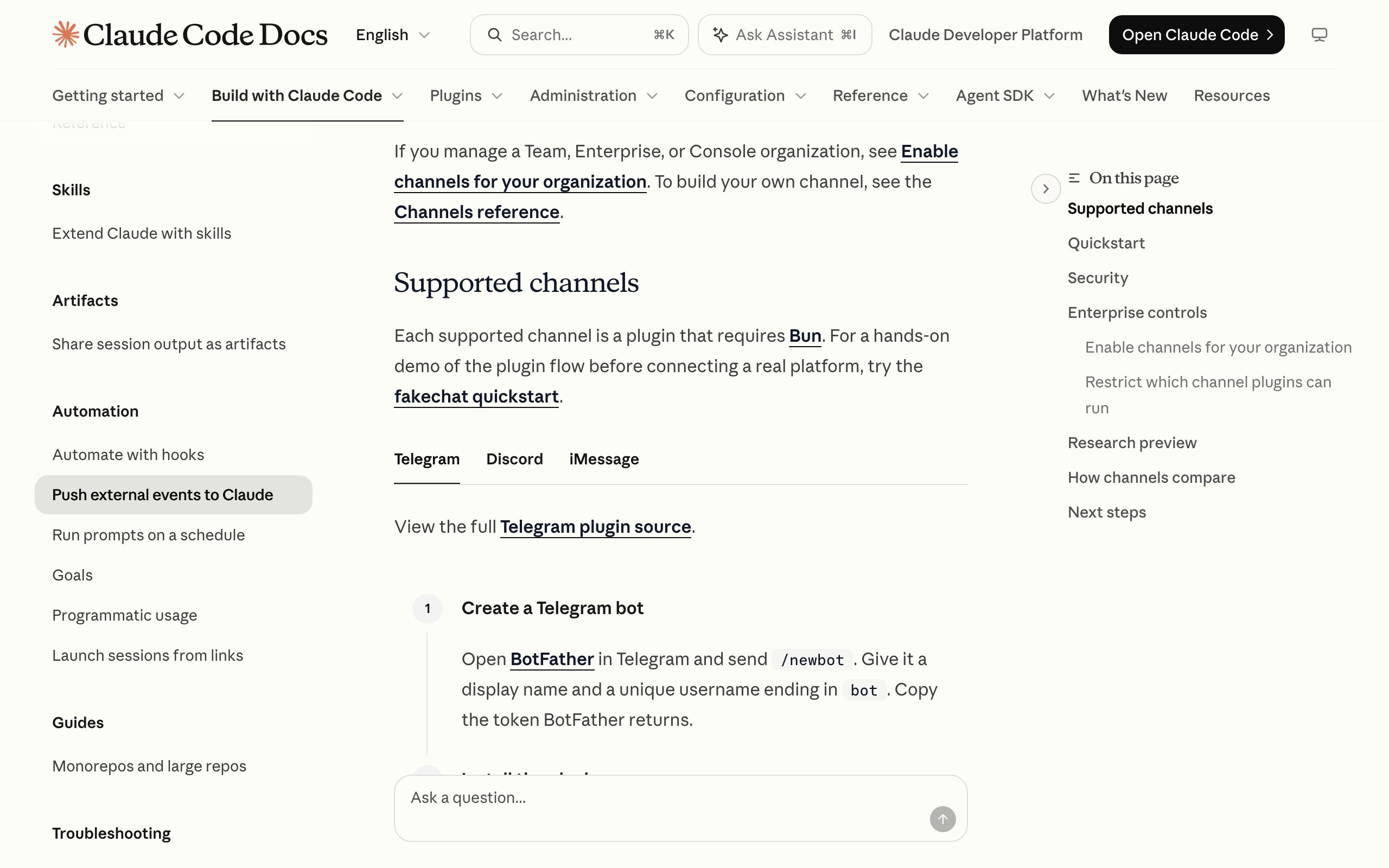 Инструкция Anthropic про каналы Claude Code: вкладка Telegram и шаг 1 «Create a Telegram bot»