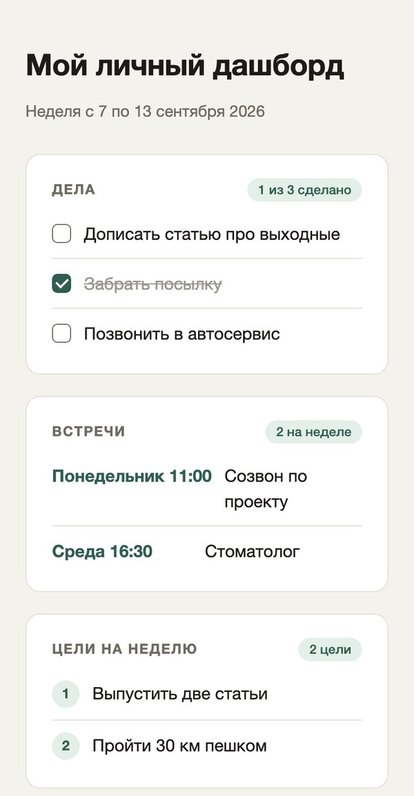 Та же собранная страница дашборда на экране телефона: карточки дел, встреч и целей складываются в один столбик