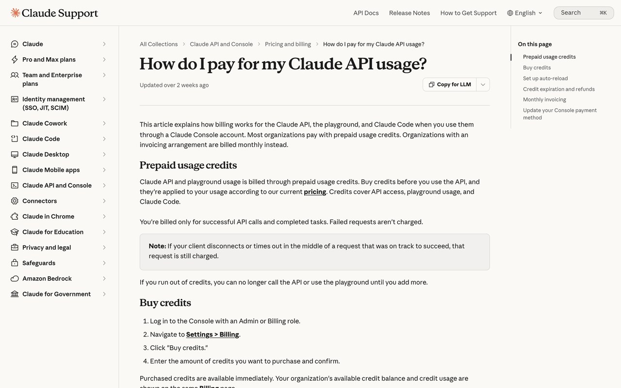 Официальная страница справки Anthropic «How do I pay for my Claude API usage» с разделом Prepaid usage credits