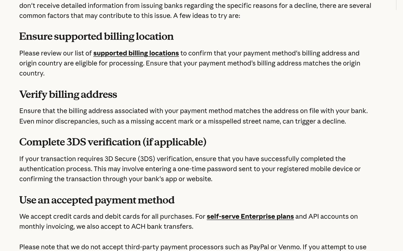 Официальная справка Anthropic «Why was my card declined» с разделами про поддерживаемый регион, платёжный адрес и 3D Secure