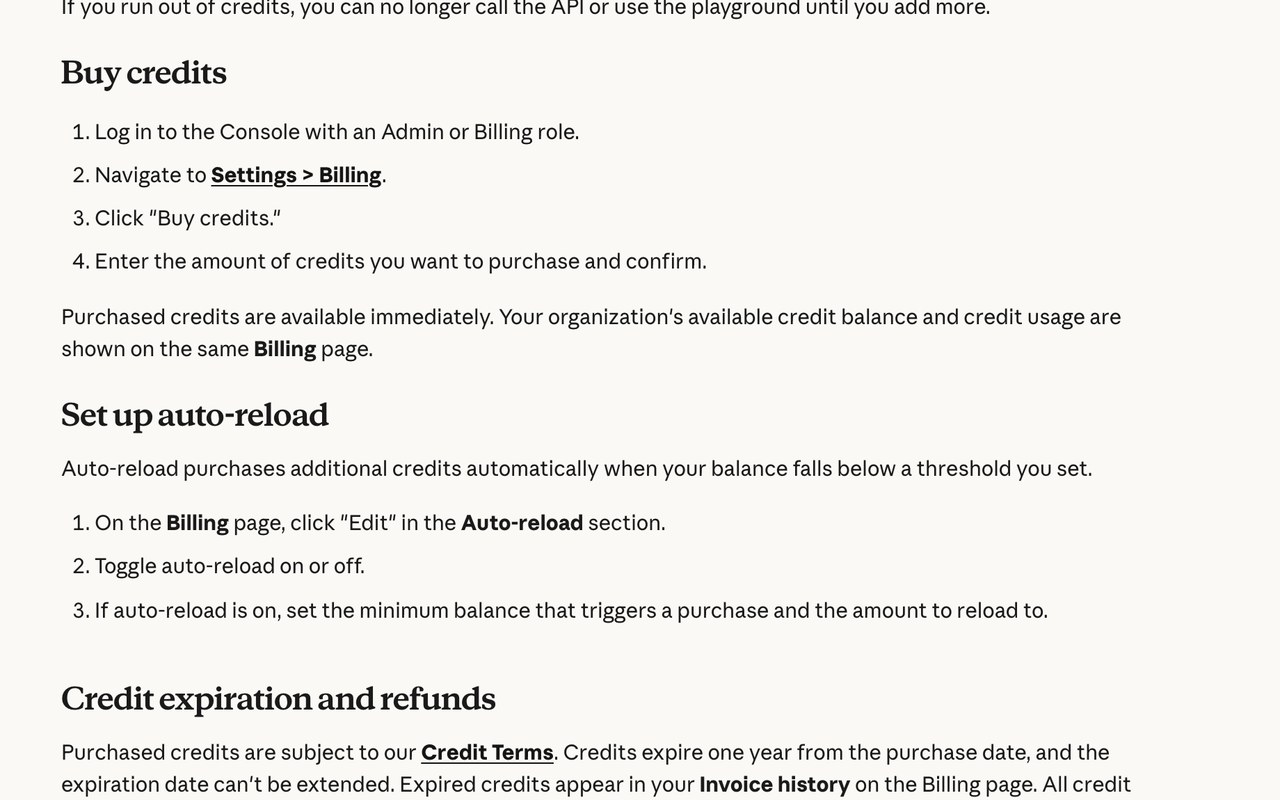 Раздел «Buy credits» официальной справки Anthropic: четыре шага покупки кредитов и раздел Set up auto-reload