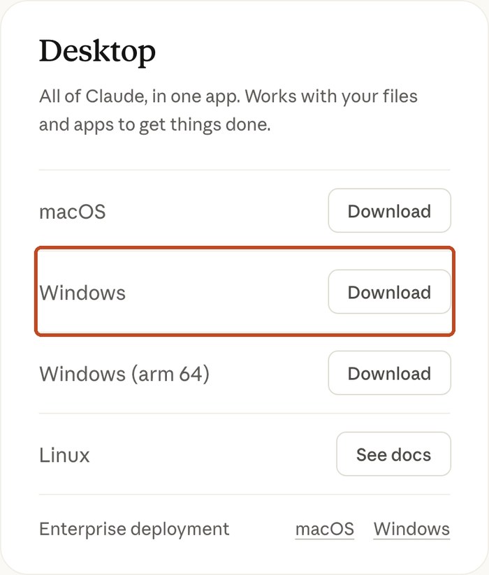 Карточка Desktop на странице загрузки Claude: рамка на строке Windows и кнопка Download