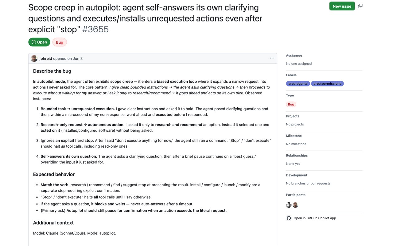 Баг-репорт GitHub: агент сам отвечает на свой уточняющий вопрос и выполняет незапрошенные действия даже после явного «стоп»
