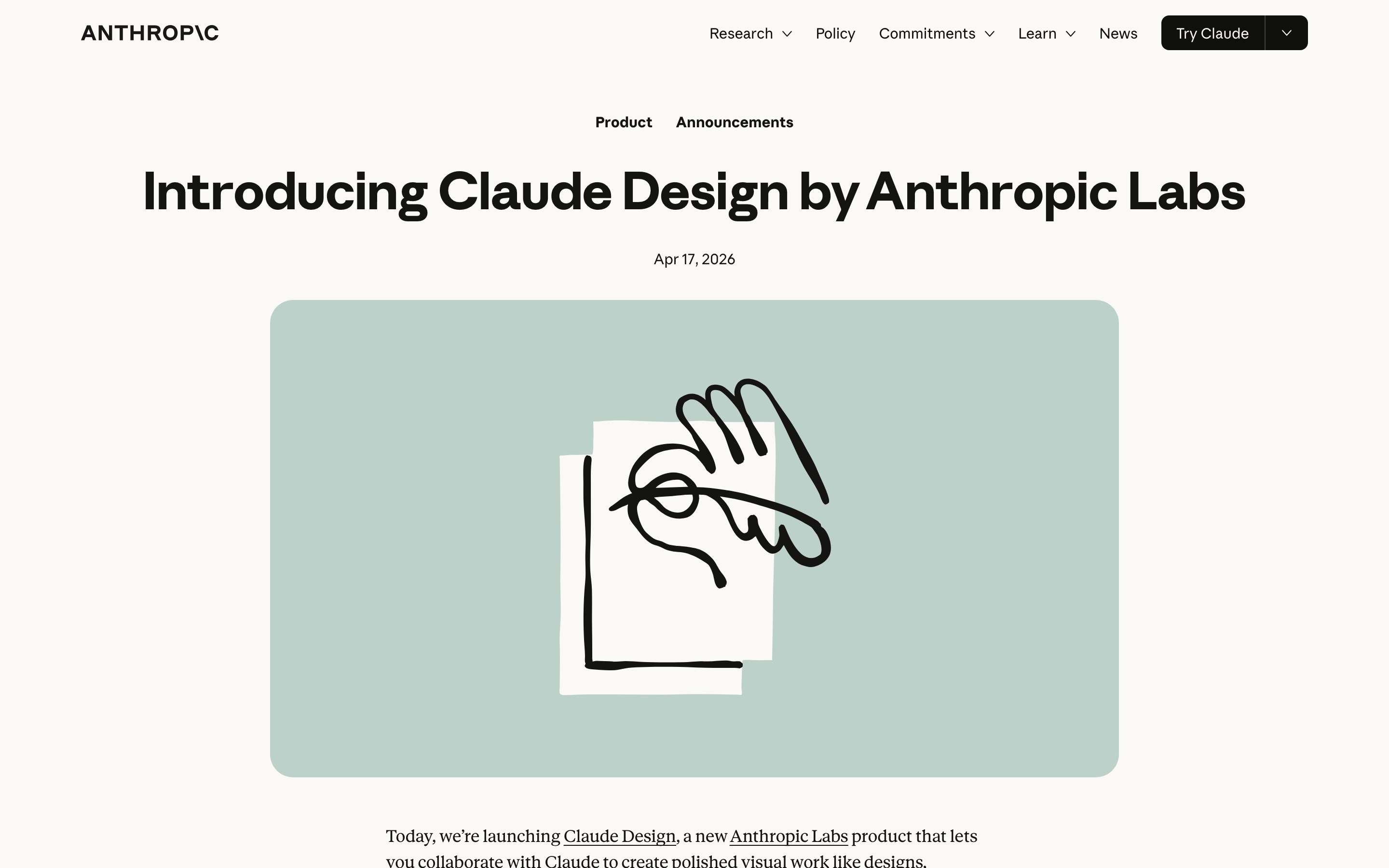 Анонс Anthropic Labs о запуске Claude Design 17 апреля 2026 года с описанием модели и доступных тарифов