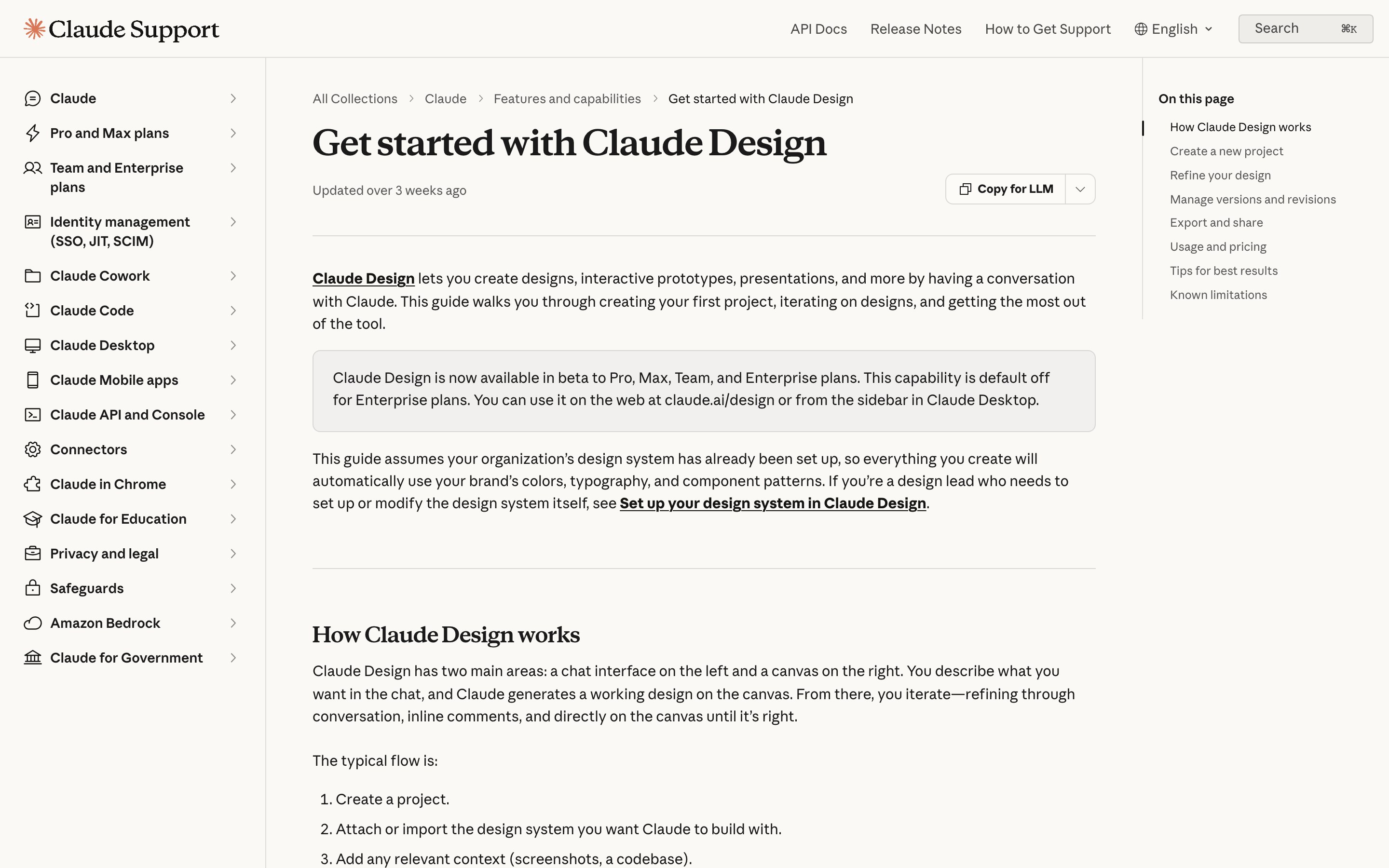 Справка Anthropic Get started with Claude Design: описание чата слева и холста справа, кнопка Export и статус beta