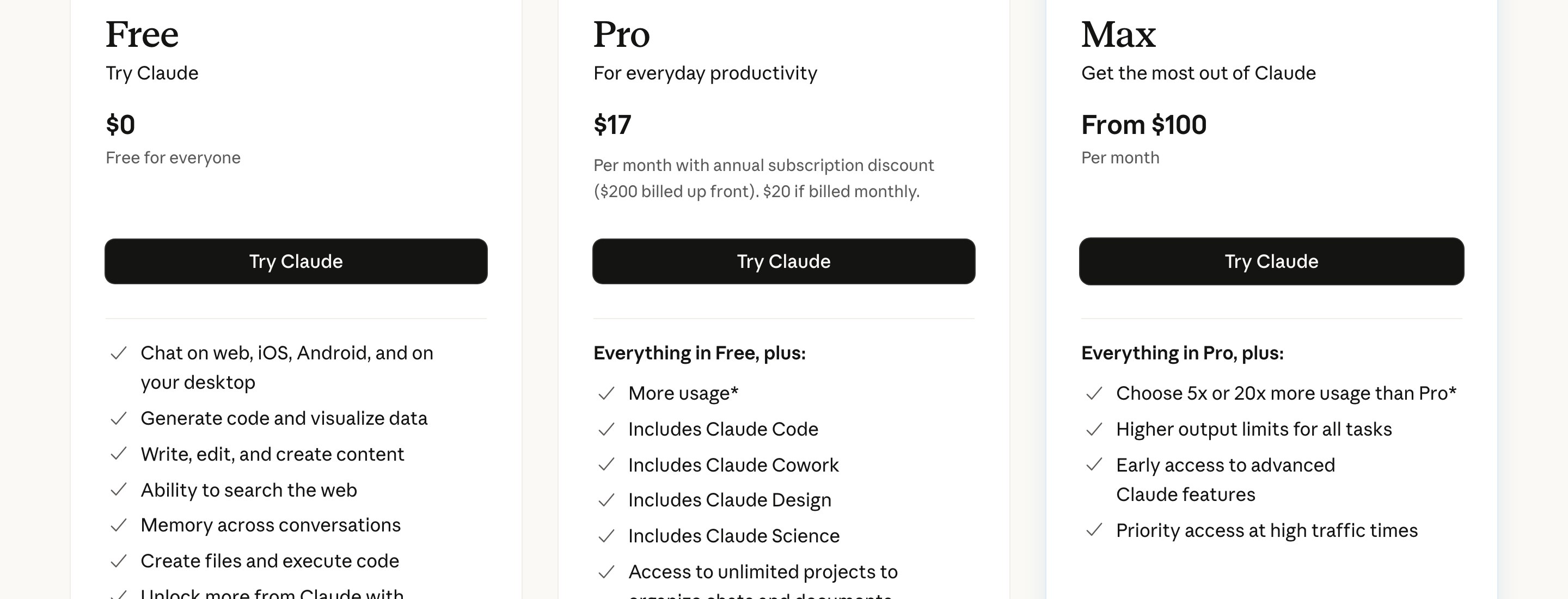 Тарифы claude.com: карточки Free, Pro и Max с ценами и пунктом Includes Claude Design у Pro