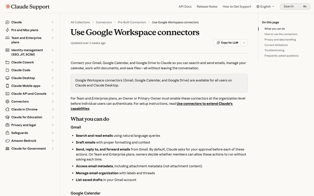 Справка Anthropic про коннекторы Google Workspace: Gmail, Calendar и Drive внутри Claude
