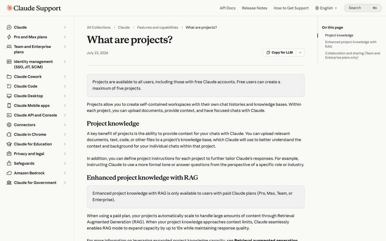 Справка Anthropic про Claude Projects: определение функции и загрузка знаний проекта