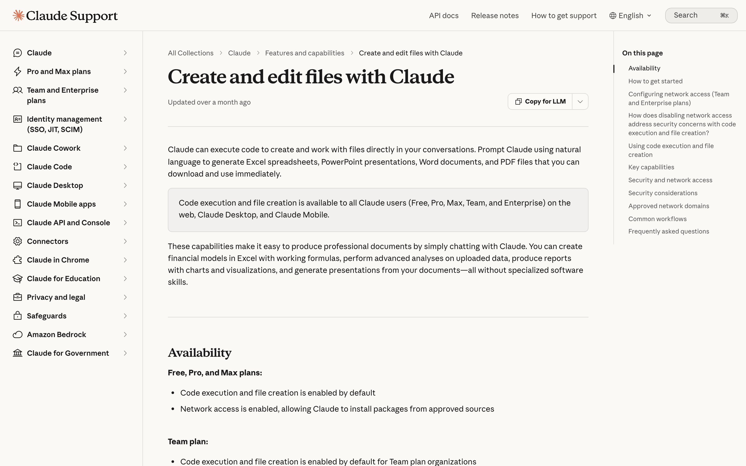 Справка Anthropic: функция Code execution and file creation включена по умолчанию на Free, Pro и Max