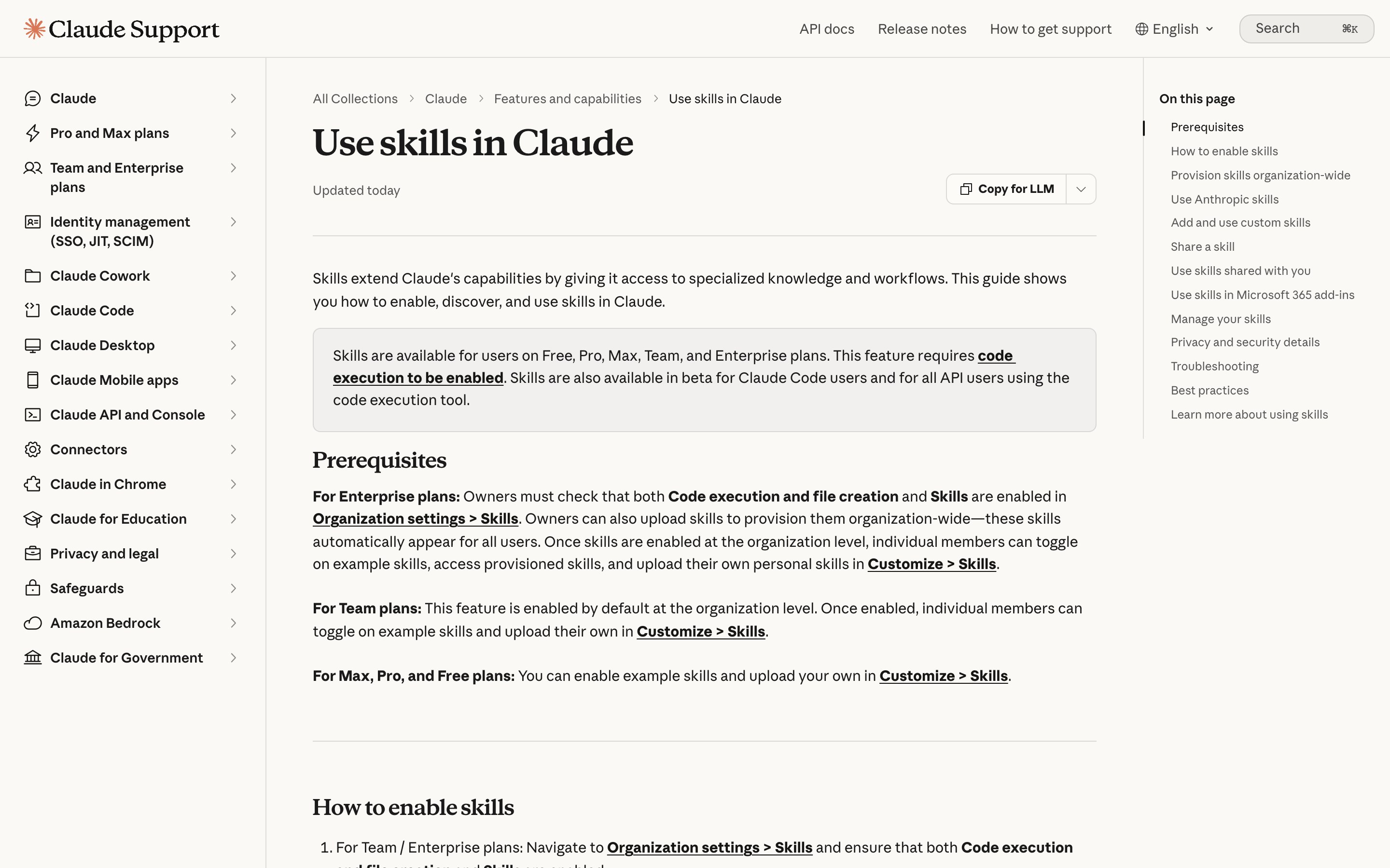 Раздел Use skills in Claude: путь включения Customize больше Skills для Free, Pro, Max