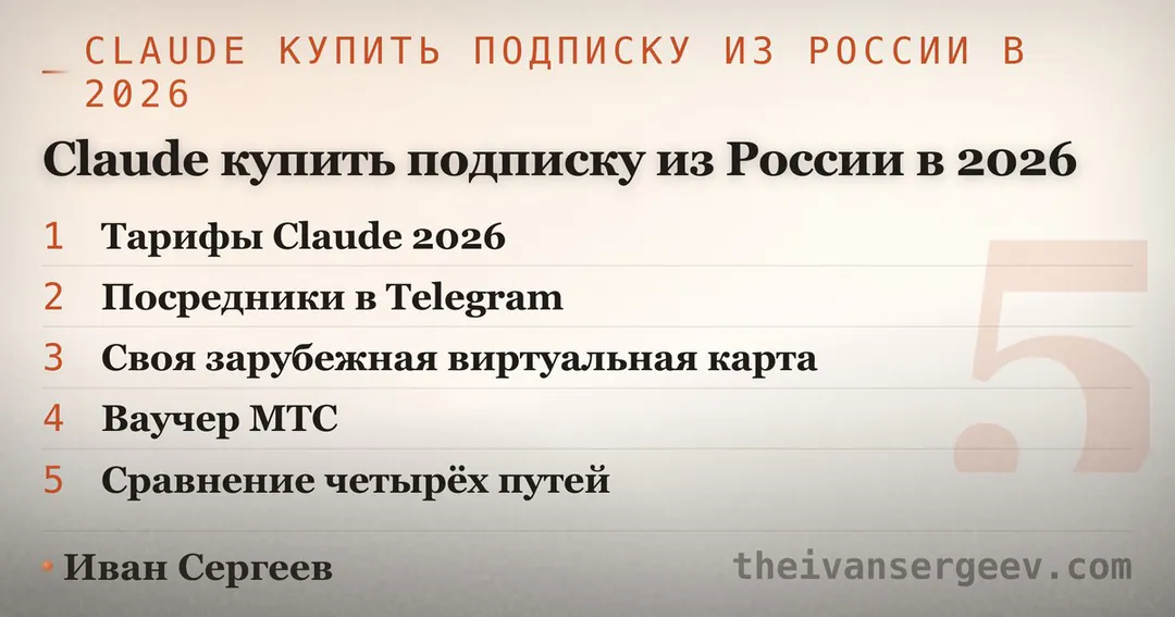 Обложка статьи: пять пунктов разбора - тарифы Claude 2026, посредники в Telegram, своя карта, ваучер МТС, сравнение путей