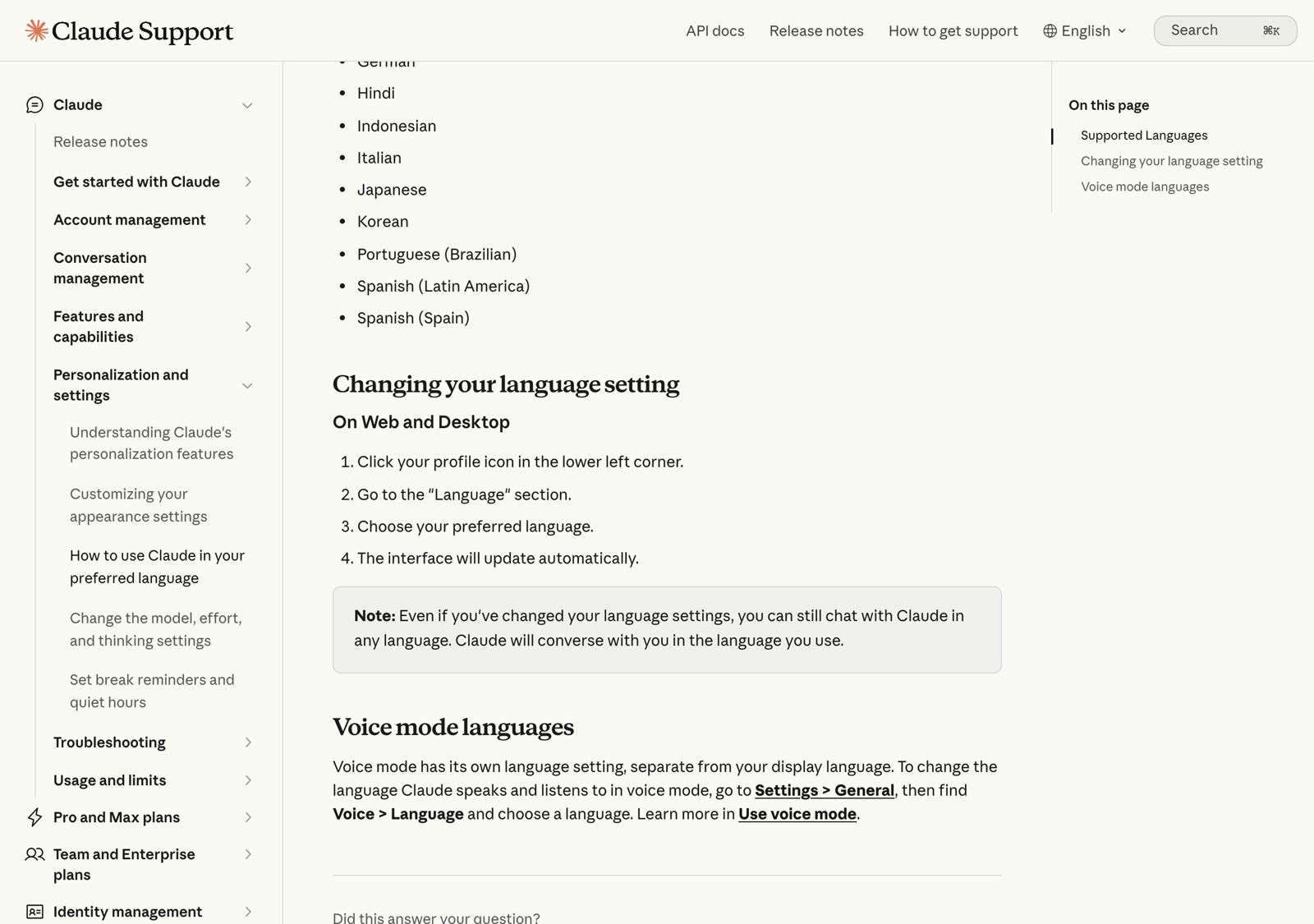 Раздел Changing your language setting в справке Claude с пронумерованными шагами и врезкой о языке переписки