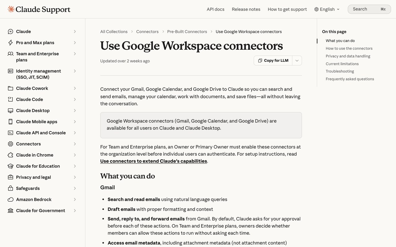 Страница поддержки Anthropic со списком действий Gmail-коннектора для отправки писем