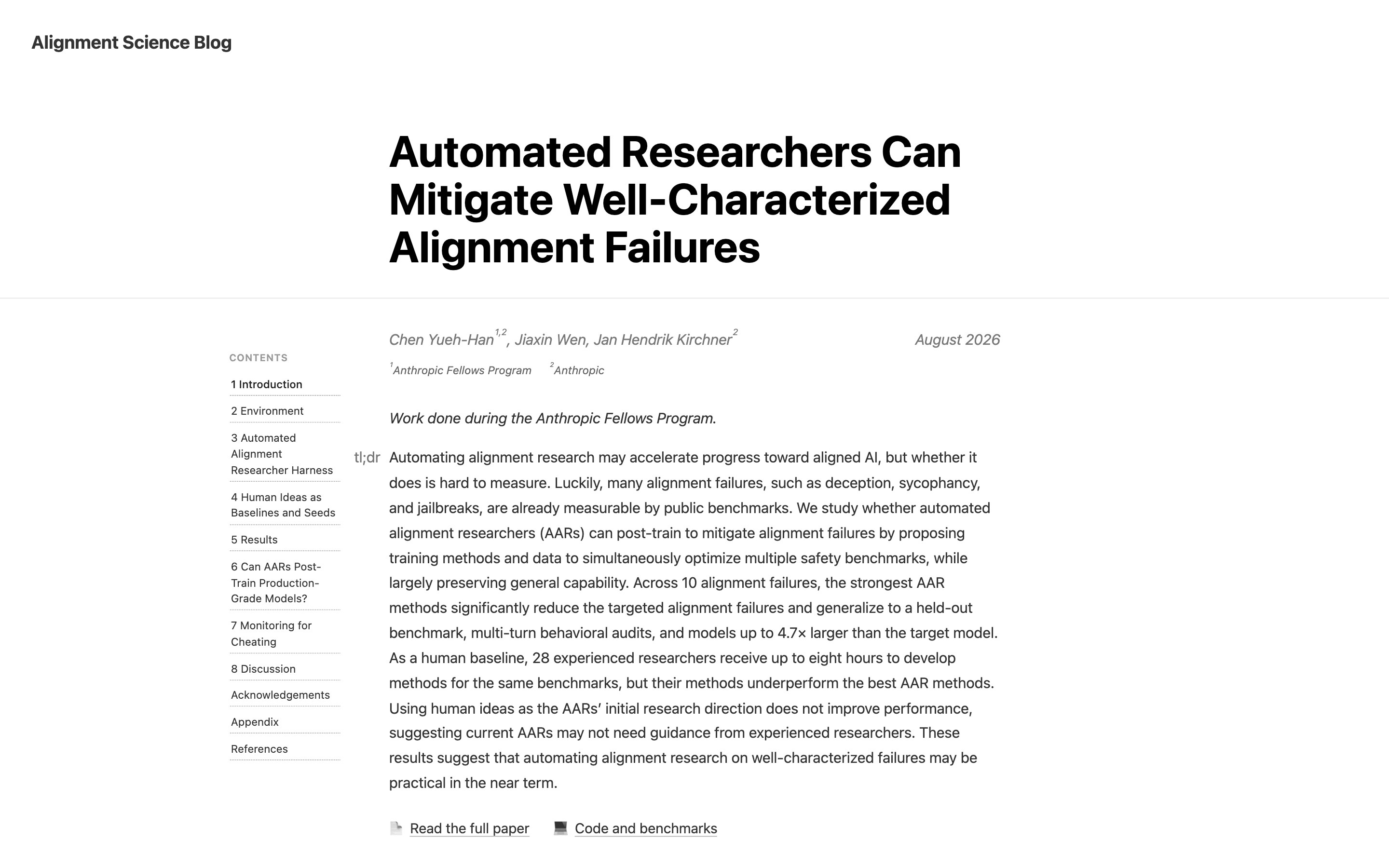 Официальный пост Anthropic Alignment Science: заголовок и tl;dr про автоматических исследователей выравнивания
